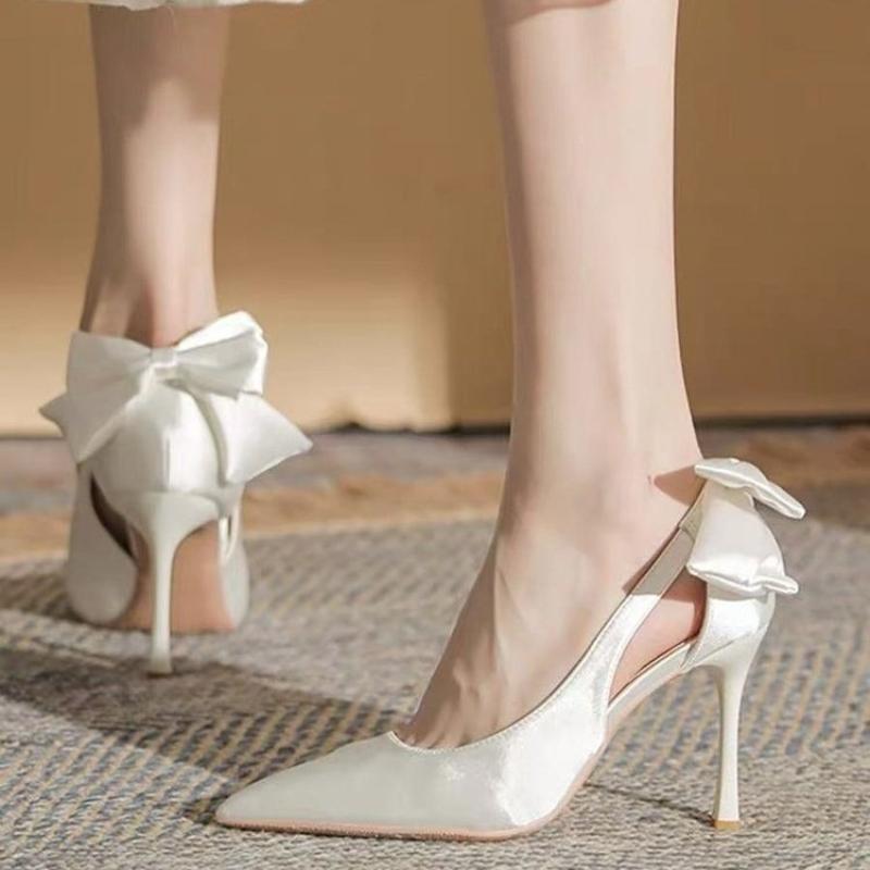 

Fashion 2025 Women s Fashion Pointy Shallow Mouth Satin Back Butterfly Knot Set Foot Anti-slip Wear-resistant Heels Thin Heel Shoes 34