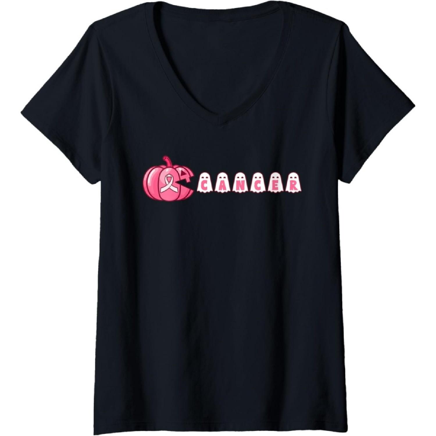 Womens Halloween Pumpkin Eating Ghost Support Breast Cancer Warrior V-Neck T-Shirt S
