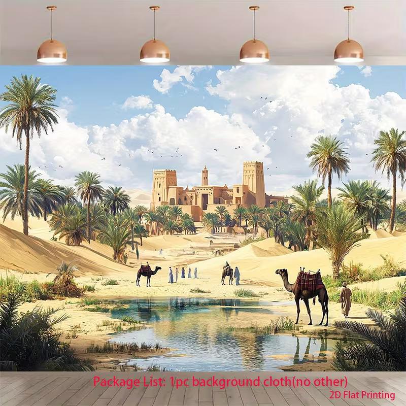 

Moroccan Desert 2D Backdrop, Ancient Castle Oasis Camel Photography Background 47.2x31.5inch/120*80cm