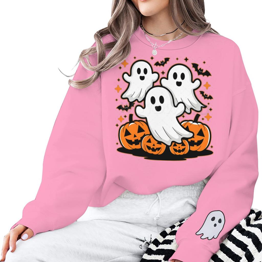Halloween Cute Ghosts Pumpkin Print Sweatshirt Women Men Crew Neck Long Sleeve Pullover Cartoon Halloween Sweatshirts