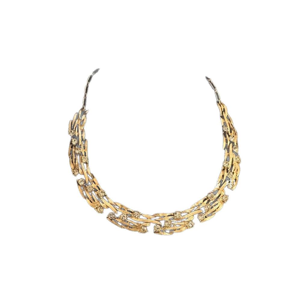Vintage Plain Gold Diamond-Inlaid Stud Earrings & Necklace Set in 925 Silver for Women