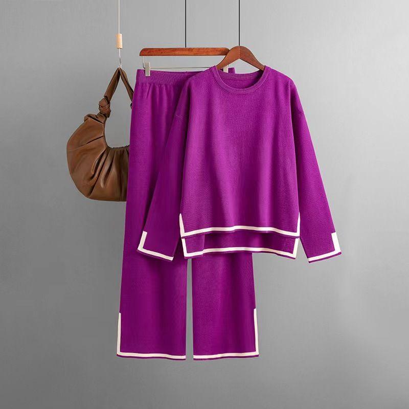 

New Arrival Contrast Color Slit Knitted Tops Loose Pants Two-Piece Suit Loose Knit Top and Pants Set Purple One size