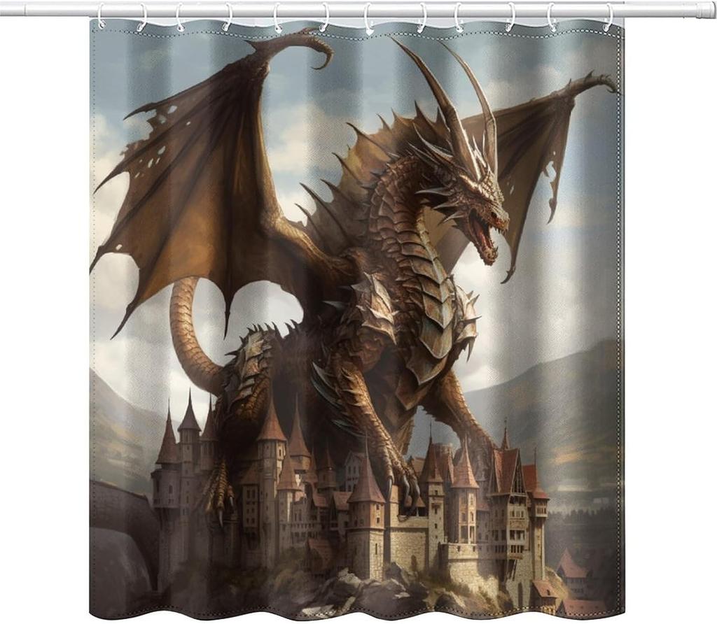 Cartoon Retro Dragon Shower Curtain Medieval Castle Shower Curtain, Fantasy Magic Dragon Retro Pattern Printed Boys Girls Teen