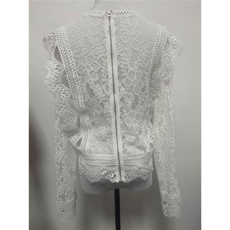 Solid Color Bottoming Sexy Hollow Lace Long-sleeved Women's Lace Shirt Jacket Top
