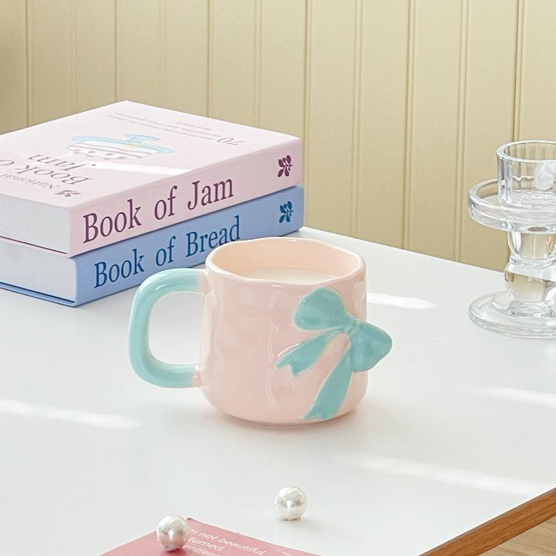 Pearlescent Glaze Bow Mug Nordic High Appearance Level Electroplated Ceramic  High End Feel  A Birthday Gift for A Girl's Best Friend