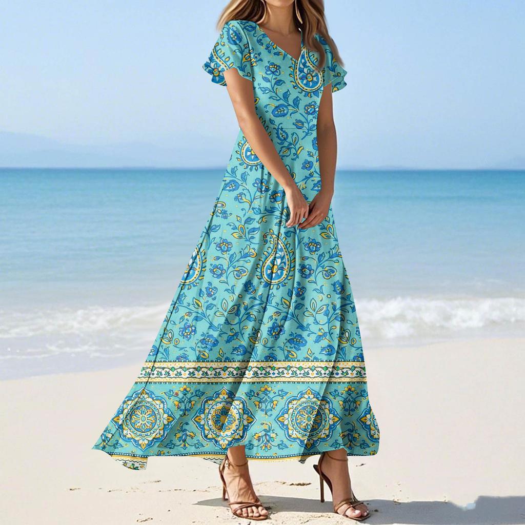 Vestidos casuales de verano para mujer, con estampados de colores y cuello en V y manga corta