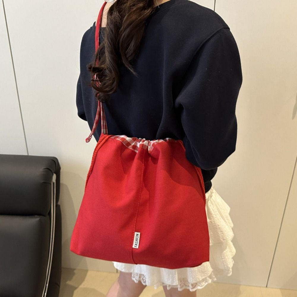 Cloth Drawstring Bucket Bag Retro Tote Bag Portable Denim Canvas Bag  Women