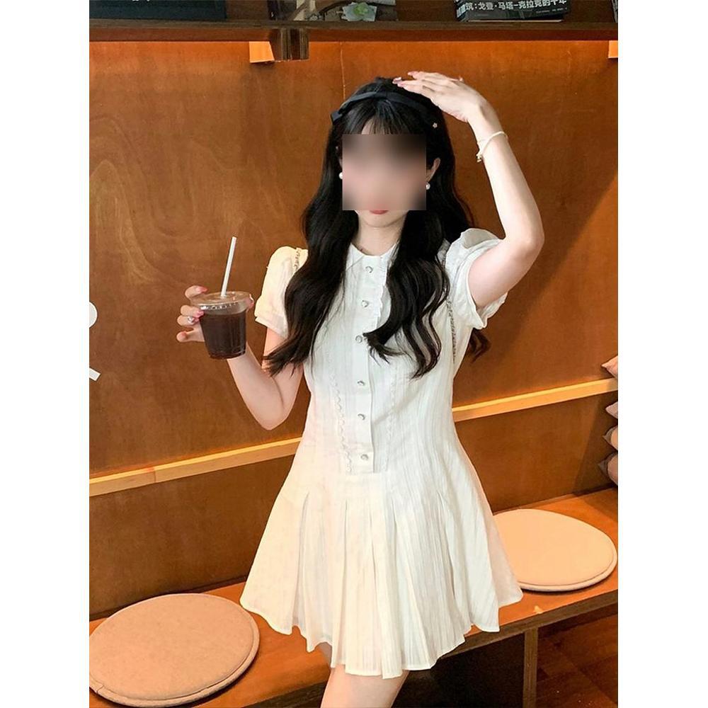 College lapel bubble sleeve shirt dress casual temperament elegant women's summer sweet style slim dress
