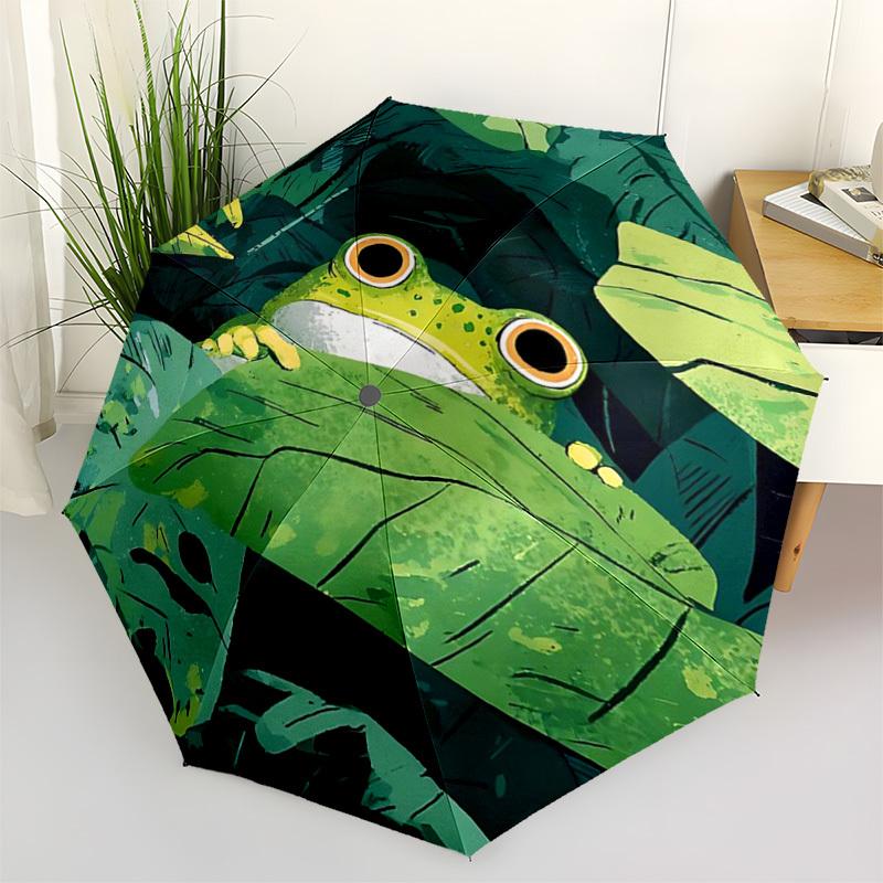 1pc Frog Leaves Automatic Open/Close Umbrella, Portable Folding Umbrella for Travel, Themed Events012
