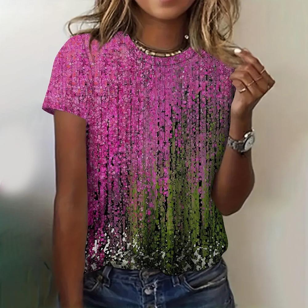 3D цветной витражный принт модные женские футболки с коротким рукавом топы с круглым — фото 3