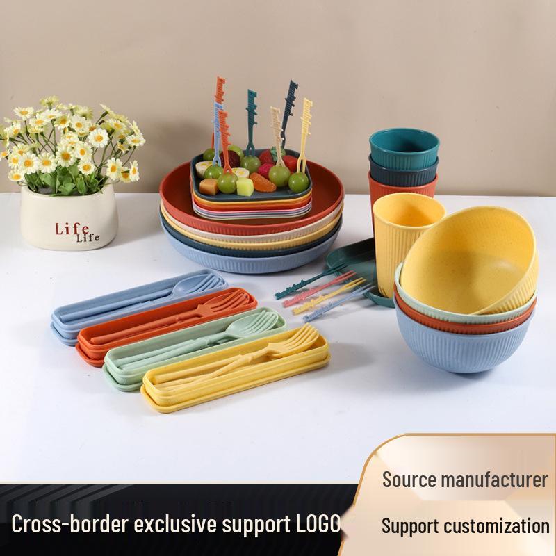 Nordic Wheat Straw Cutlery Set: Soup Bowl, Plate, Cup, Fork, Knife, Spoon, Gift.