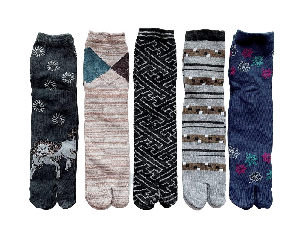 EM Wear Japan Comfortable Cotton Blend Tabi Socks with Heels and Japanese Value Pack of 5 of Your Men's Patterns. (Pattern Choice).