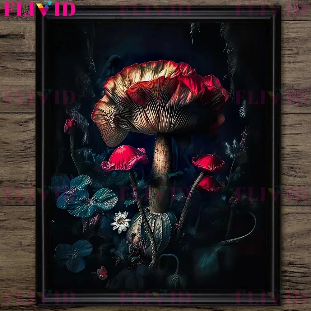 Dunkler Waldpilz und Vintage Rosa Rosen Vintage Wandkunst Druck Dunkel Botanisch Hexerei Gotischer Druck Wohnzimmer Dekoration
