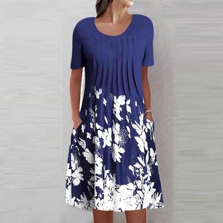 Women's Casual Summer Loose Round Neck Short Sleeve Pullover Dress Fashion Print