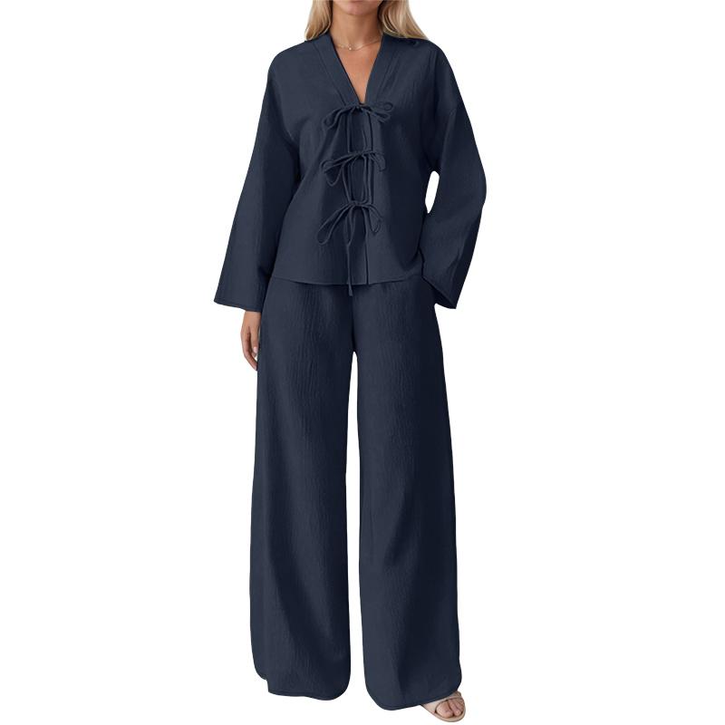 

ZANZEA Женский Блузка с длинным рукавом на шнуровке и брюки Повседневные комплекты-двойки 2XL тёмно-синий