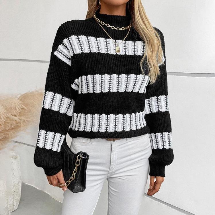Autumn Winter Vintage Stripe Pullover Knitwear Top Loose Long Hooded Stand Collar Sweater