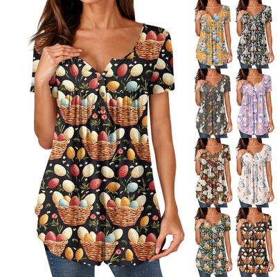 Dames Tuniek Tops Netjes Casual Zomer Bedrukt Korte Mouw Shirts Losvallend Geplooid Boho Top