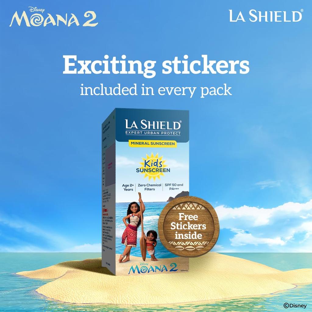 La Shield Disney Moana Kids Mineral Sunscreen SPF 50 PA+++ 50G | Free Sticker Set | Water Resistant | Fragrance Free | For Kids Over 2 Years