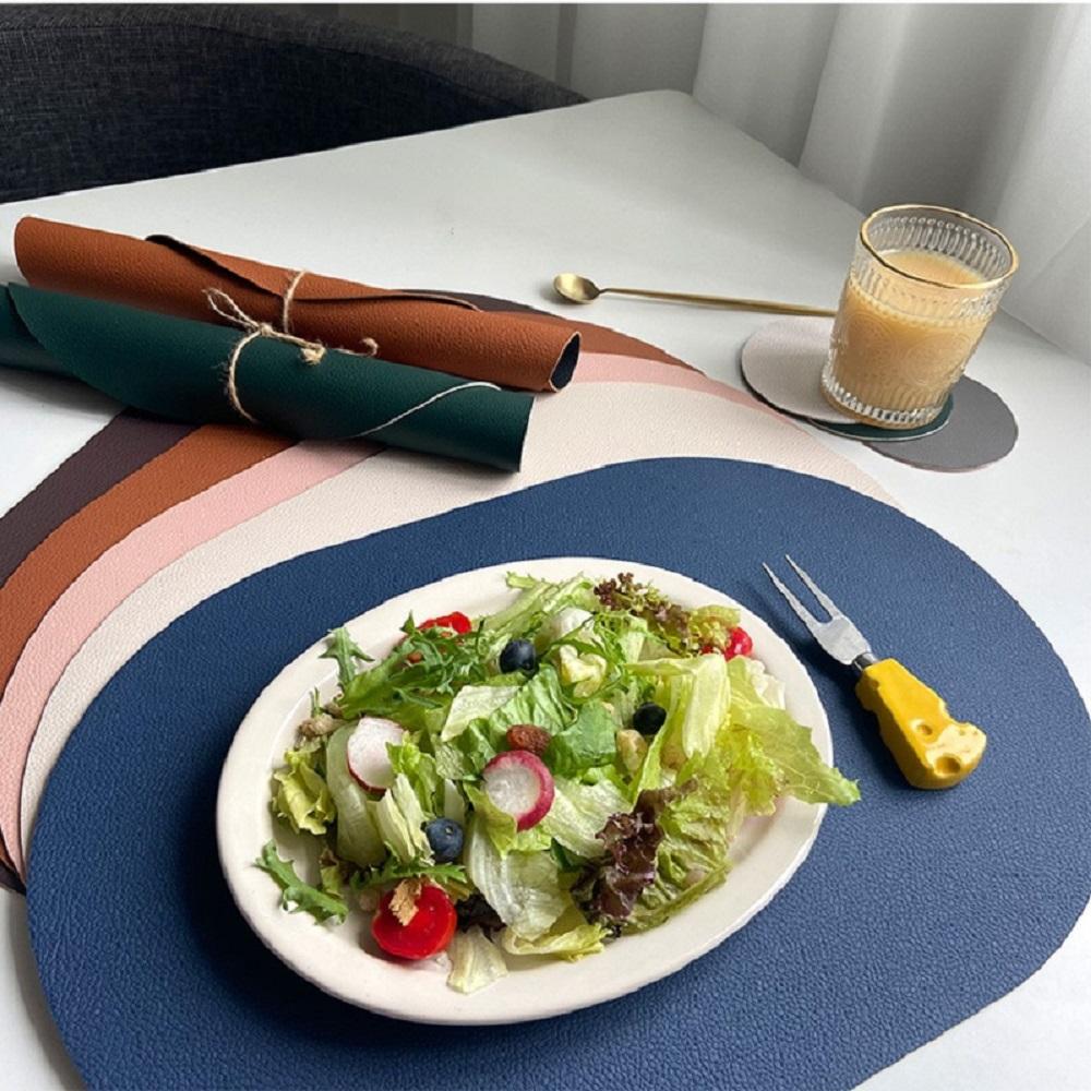 1/2/6PCS Placemat Nordic Elliptical Double-sided Tableware Pad Placemat PU Leather Table Mat Heat Insulation Disc Placemat Pink
