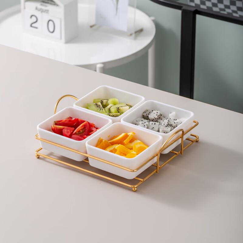 Melamine 4-Compartment Snack Plates with Gold Serving Rack