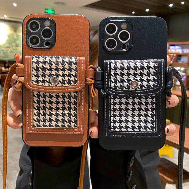 Applicable To Iphone13 Oblique Strap Insert Card Mobile Phone Case Plaid Change Card Bag Function Leather Case Protective Case XRXS