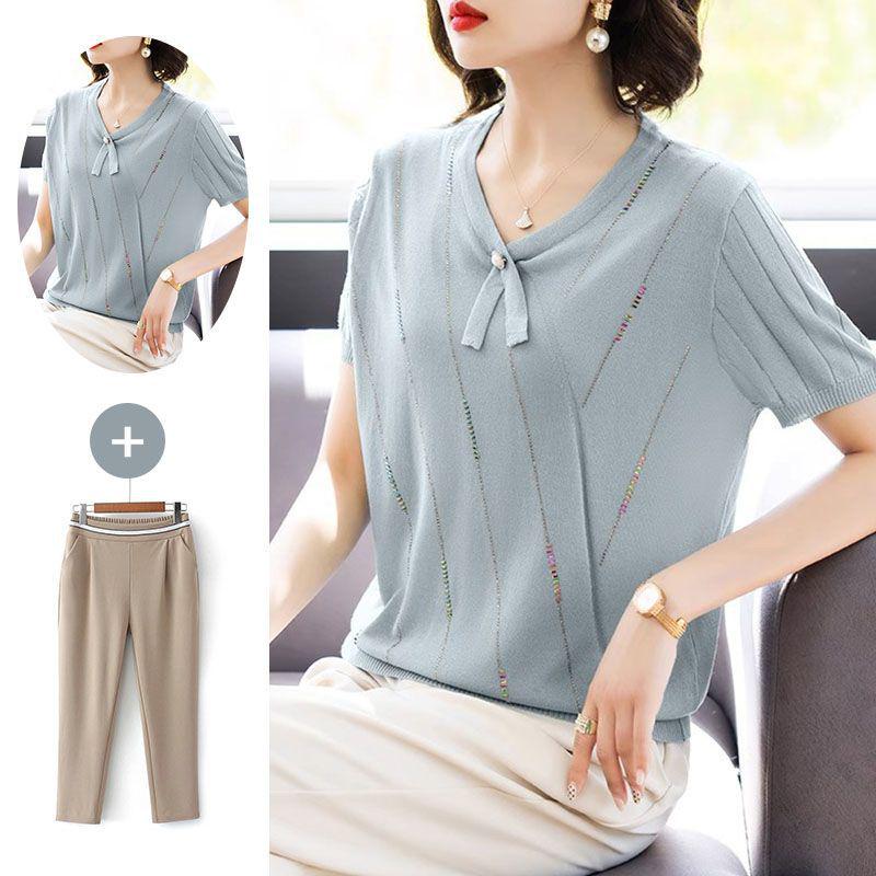 2026 Stylish Ice Silk Short-Sleeve Top for Mom: Lightweight Summer Wear for Middle-Aged & Elderly M (90-105 jin)