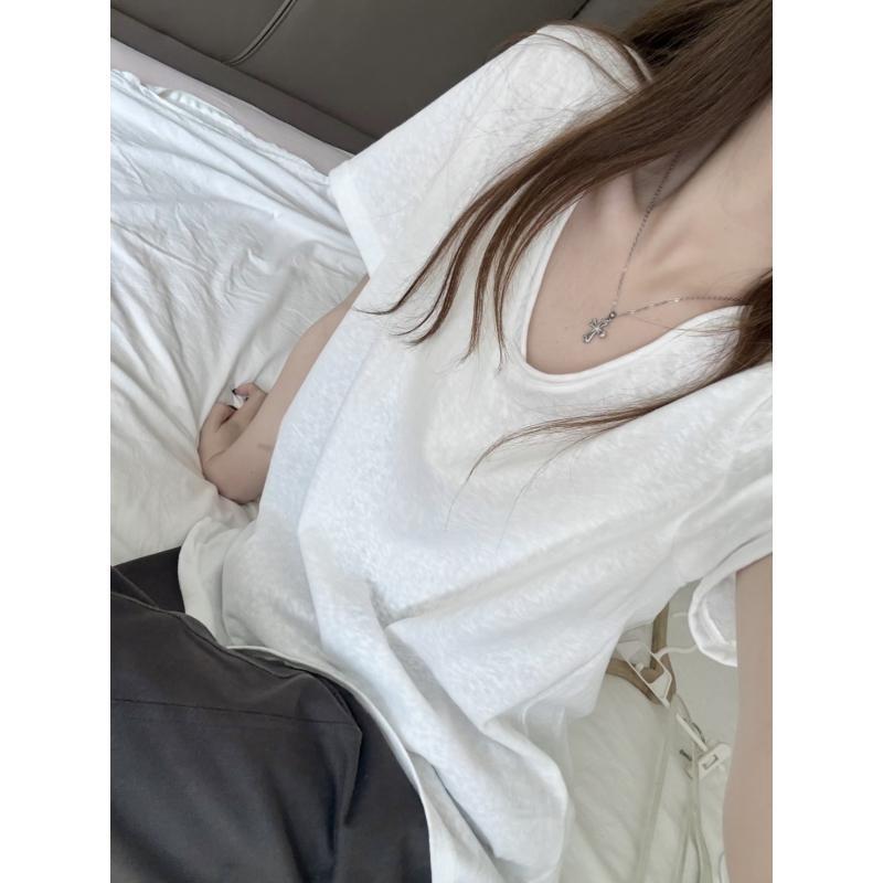Spring and summer new products loose V-neck snowflake cotton lazy loose wind short-sleeved t-shirt versatile solid color casual ins top