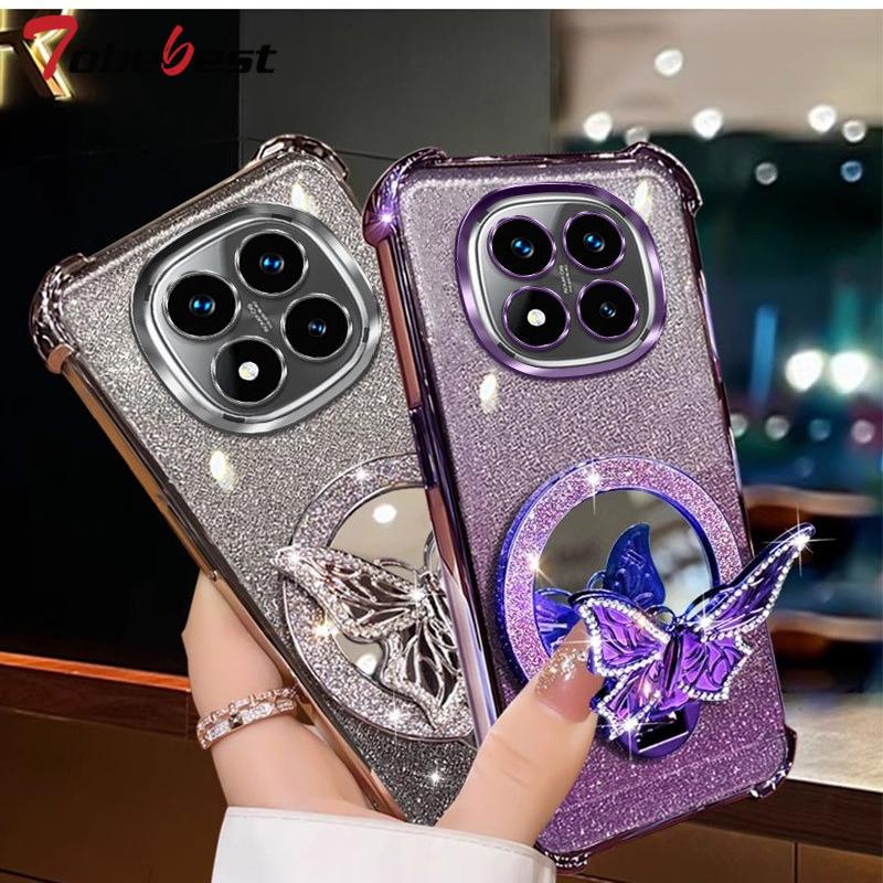 Glitter Butterfly Mirror Crystal Bracelet Case For Xiaomi Redmi Note 15 15C 14 14C 13 13C 12 11 Pro Plus 4G 5G Shockproof Cover