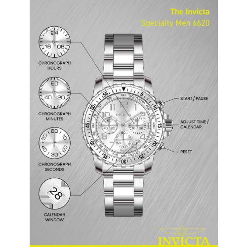 Invicta Specialty Quartz Watch, 45mm Case, Silver Stainless Steel Strap, Silver Dial, 6620, Men's