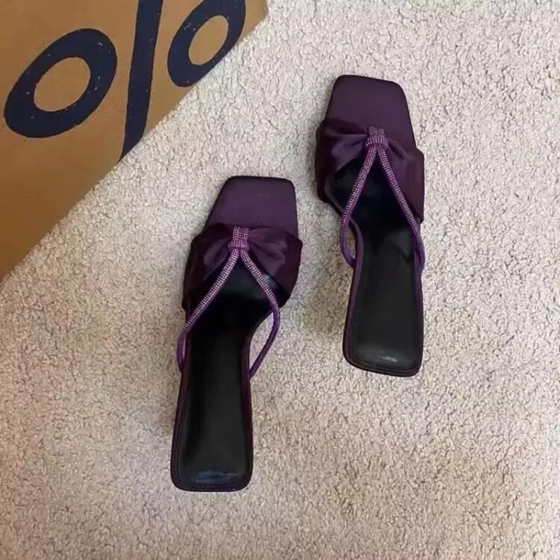 Women's High Heel Slippers Bow Tie Rhinestones Satin Material Shoes Women Sexy Dress Summer Models Sandalias De Mujer