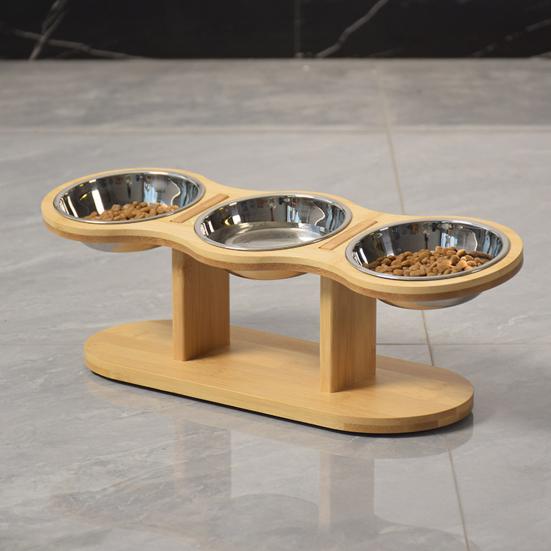 Raised Cat Food Water Bowl Elevated Tilted Dishes with Wooden Stand Anti Vomiting 3 Bowls Cat Feeder for Indoor Cats Puppy