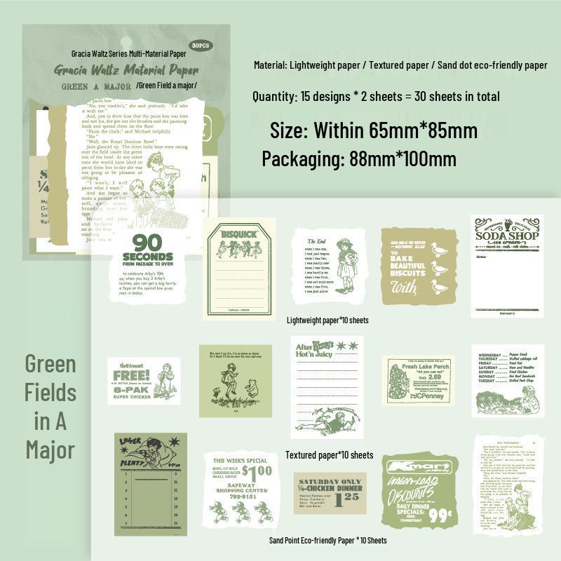 Gracia Waltz Series: Light Vintage Multi-Material Craft Paper, Writable Textured Sheets (30-Pack)