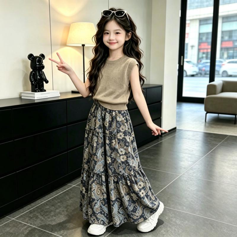 Korean Style Summer 2026 Girls Retro Knit Vest and Skirt Set 120cm