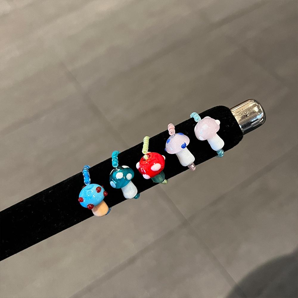 Colorful Mushroom Bead Ring New Elastic Rope Design Cute Playful Women Dopamine Finger Ring Trendy Contrast Color Party Jewelry