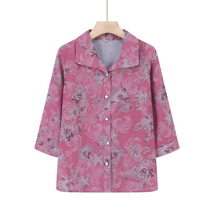 Printed Short-Sleeve Shirt for Middle-Aged Women, Loose Lapel Cardigan for Seniors