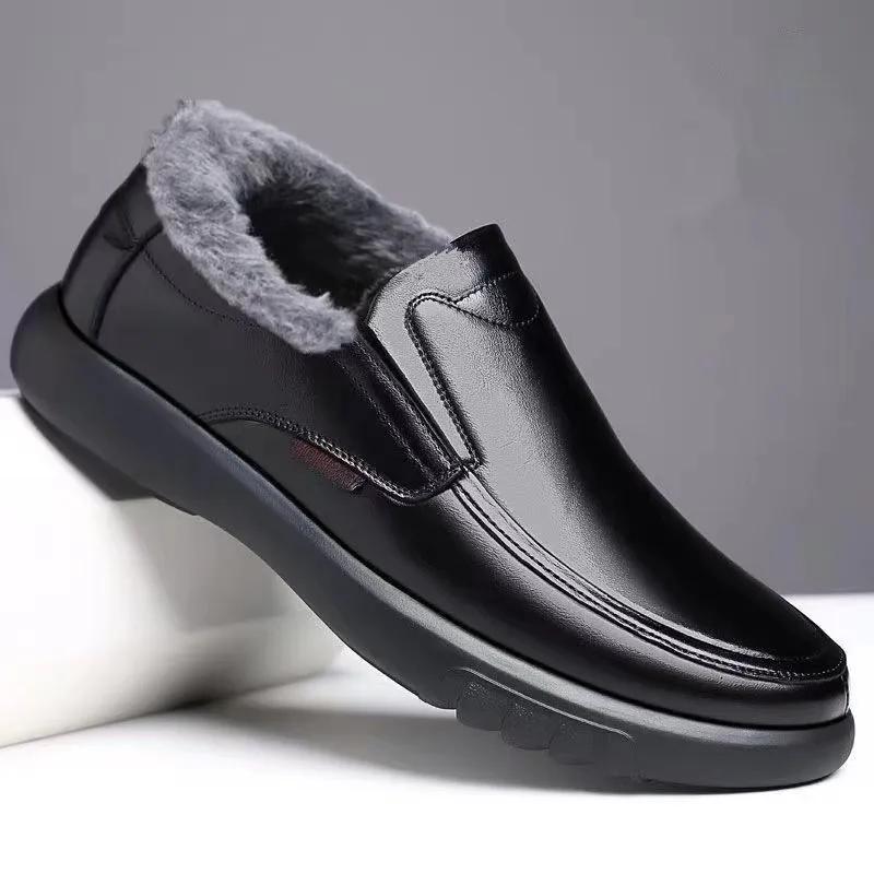 Winter Warm Fur Loafers Men Leather Casual Shoes Men Walking Footwear Non-slip Thick Sole Warm Men's Sneakers Leather Moccasins