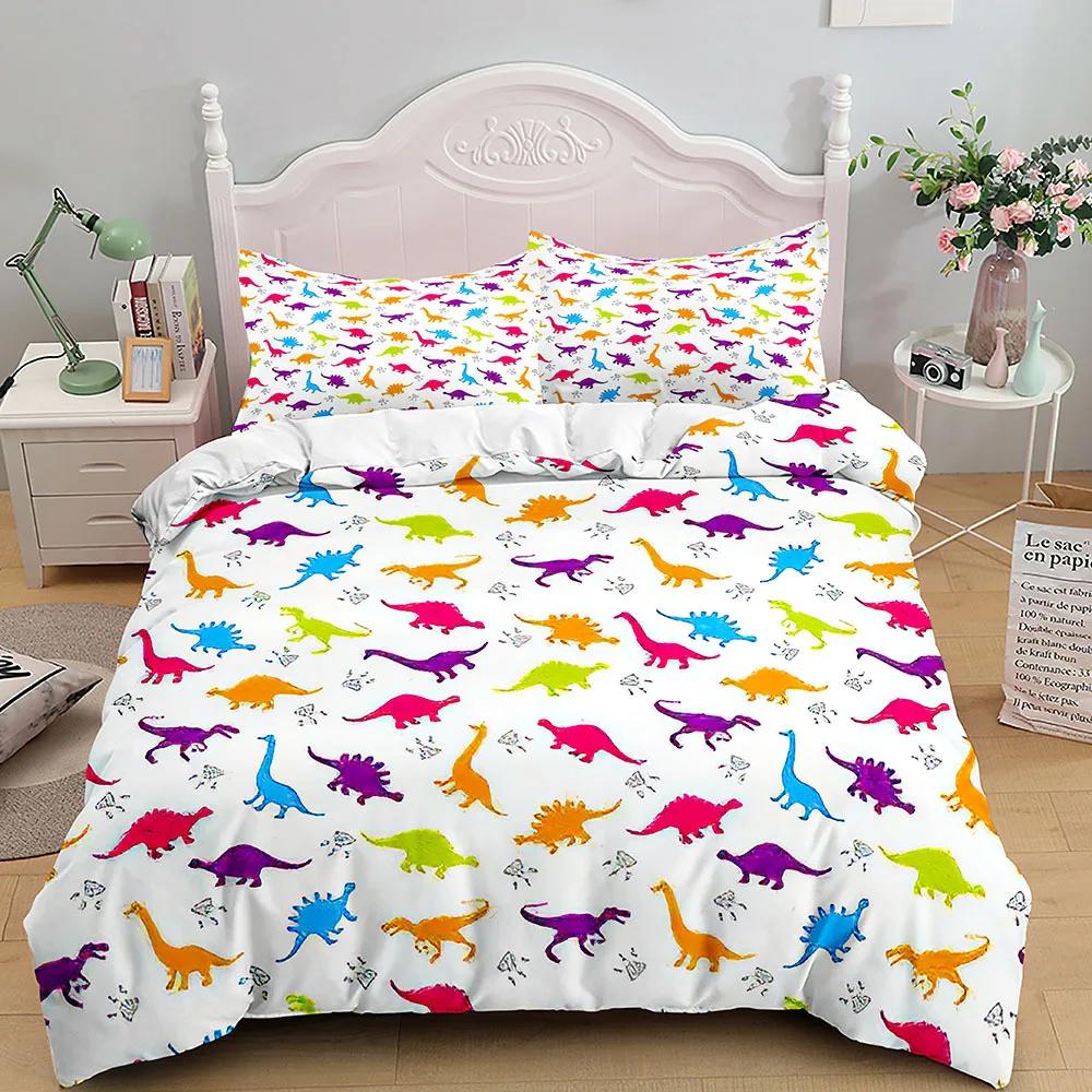 Cartoon Dinosaur Duvet Cover King Queen Size Colorful Jurassic World Animals Theme Bedding Set Kids 2/3Pcs Polyester Quilt Cover