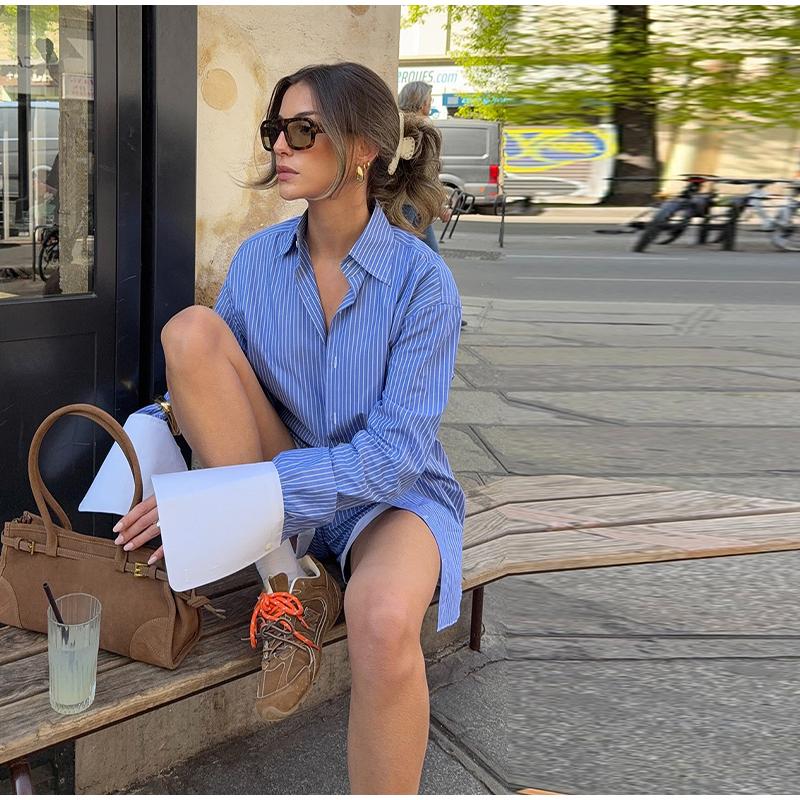 Women's Color Blocked Striped Shirt Wide Leg Shorts Set for Spring and Summer Casual Loose Fit Daily Commuting VersatileFrench Style Lady Sets