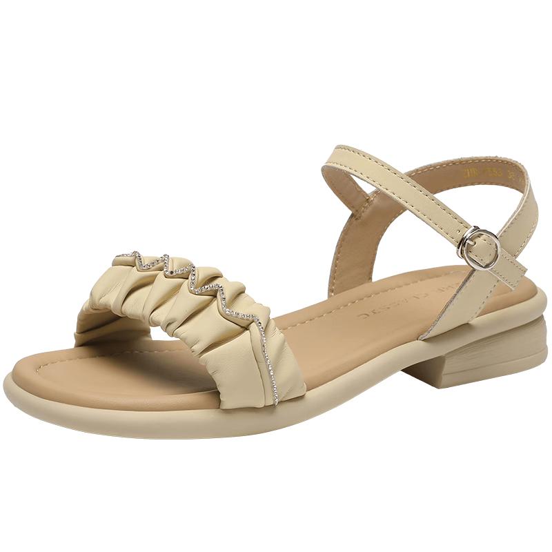 ZHR Women s French Pleated Rhinestone Chunky Heel Sandals 38