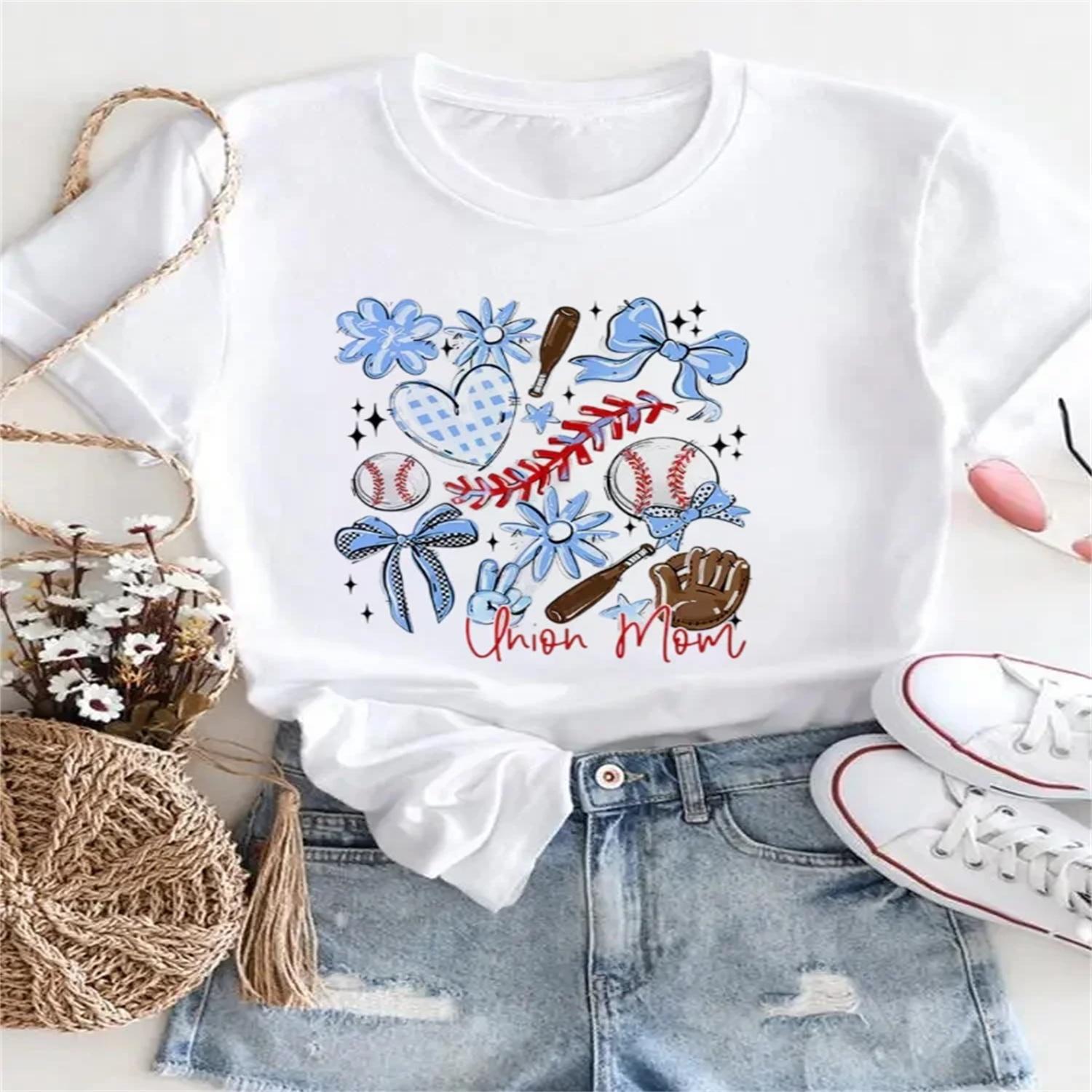 2025 New 90s Cute Sweet Casual Printed Summer Women s Fashion Top Round Neck Short Sleeve Watercolor Women s Basic T-Shirt S