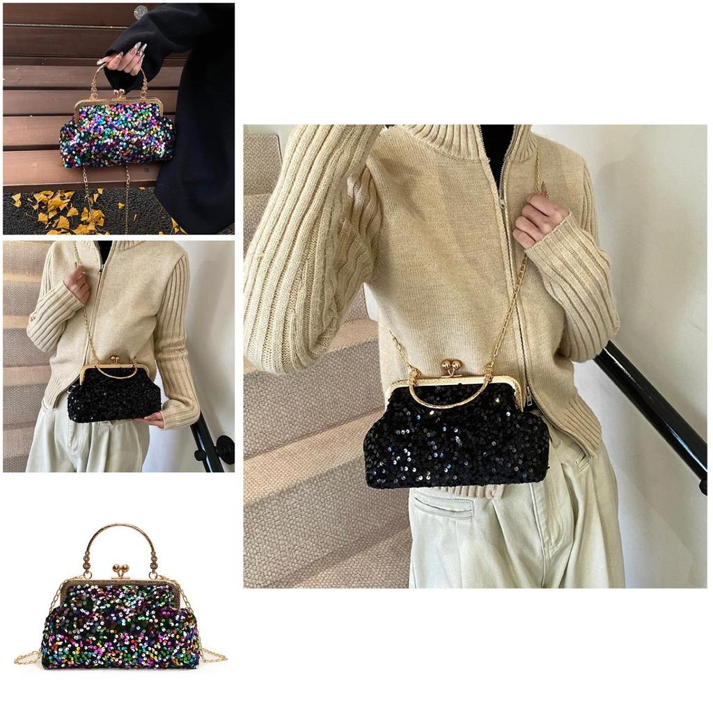 Sequin Evening Bag For Women With Chain Strap And Lock Closure For Party And Night Out