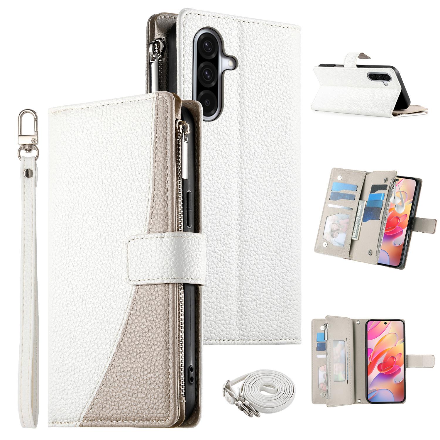 

For Samsung Galaxy A36 5G Case Zipper Wallet Color Splicing Leather Flip Phone Cover with Straps White