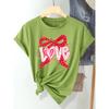 European Size Women's Valentine's Day LOVE Letter & Red Heart Bow Print T-Shirt - Short Sleeve Round Neck Casual Blouse