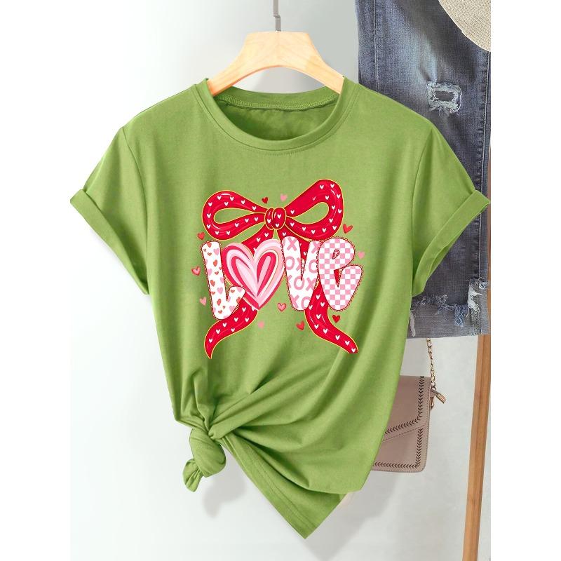European Size Women's Valentine's Day LOVE Letter & Red Heart Bow Print T-Shirt - Short Sleeve Round Neck Casual Blouse