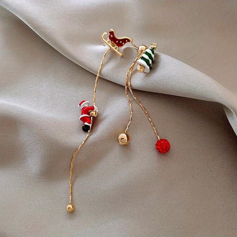 2pcs Elegant Christmas Tree Earrings - Alloy Dangle Earrings with Santa Claus & Snowman Design, Long Pendant for Holiday Parties