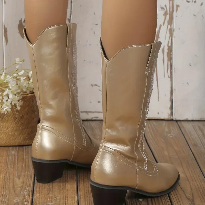 Women's Boots 2025 High Quality Slip On Ladies Shoes On Sale Winter Pointed Toe Solid Mid-Calf Chunky Heels Zapatillas De Mujer