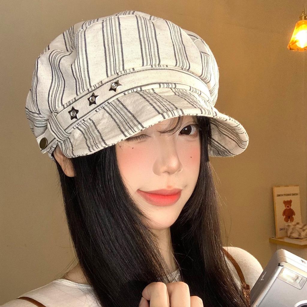 Japanese Striped Star Beret Female Spring And Autumn Korean Version Showing Face Small Versatile Octagonal Hat Fashion Newsboy Hat