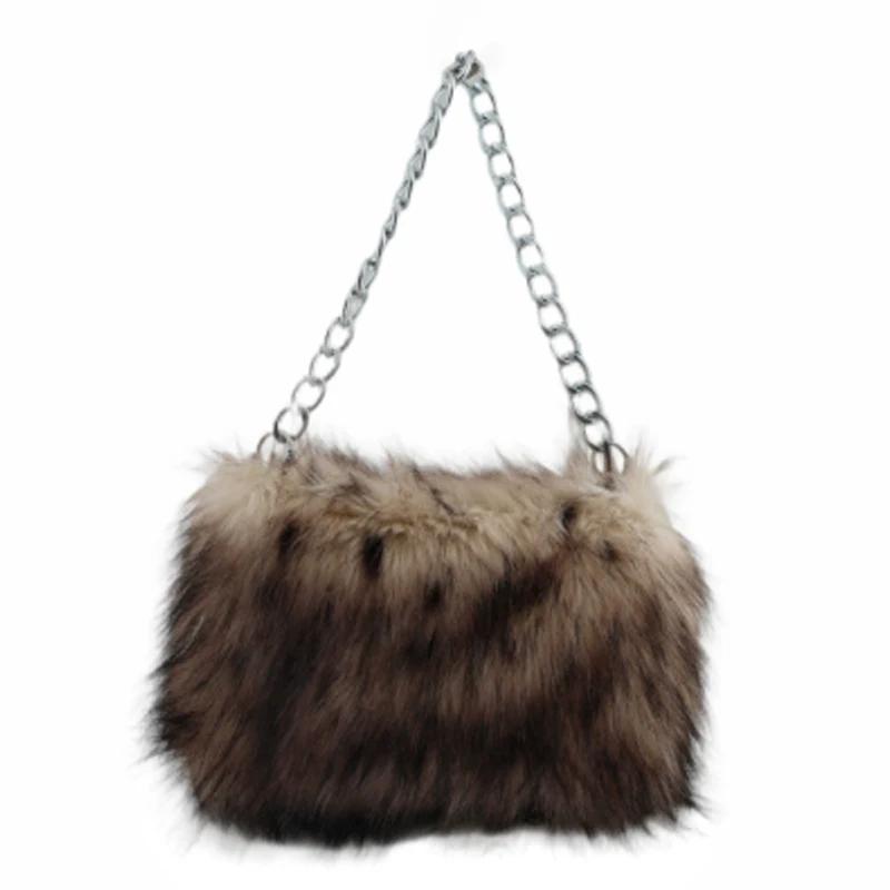 New Faux Fur Leopard Shoulder Bag Women's Autumn Winter Chain Handbags Ladies Leopard Print Clutch Purses Top Handle Bags Bolsas