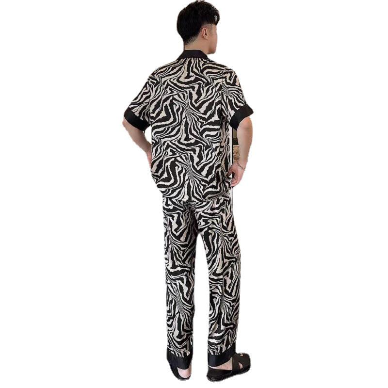 Ice Silk Couple Pajamas: Summer Silk Three-Piece Set with Short Sleeve, Shorts, and Long Pants In Elegant Horse Pattern for Homewear.