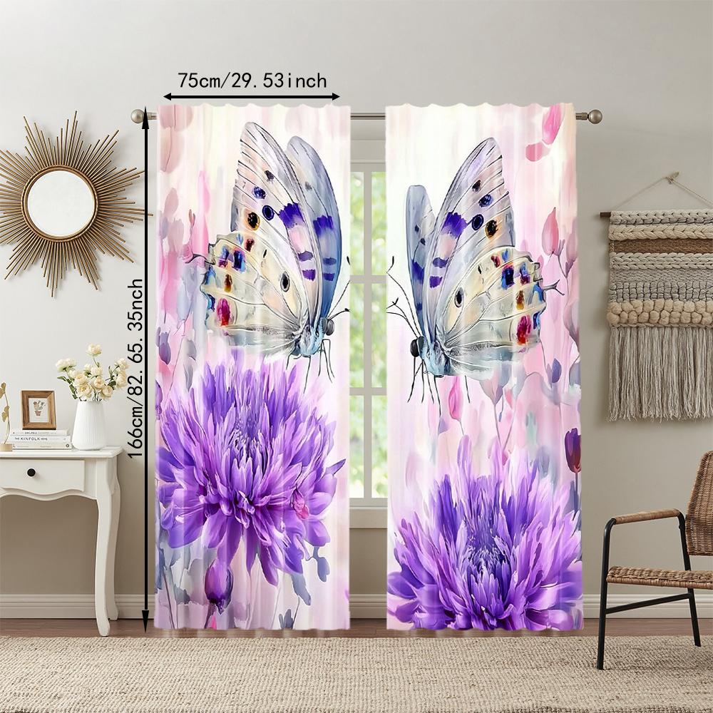 Flower Butterfly Digital Printed Window Curtains Polyester Material Suitable Living Room Kitchen Bedroom Study Dining Set Of 2 Made Great Decor
